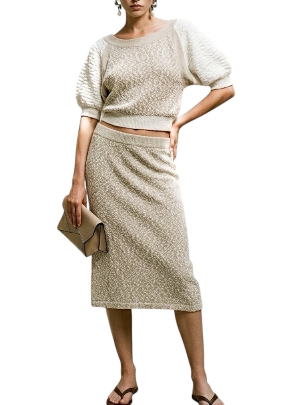 80s neutral knit cropped raglan sleeve sweater knit low rise midi skirt set M